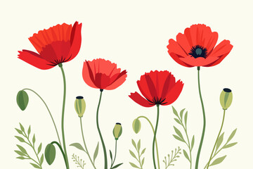 Fototapeta premium Bright, summer meadow with poppies, vector illustration in bright colorful tones for decor and creativity.