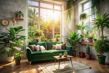 Cozy Living Room with Green Sofa, Plants, and Sunlight - Stock Photo