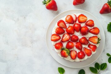 premium quality picture of delicious strawberry cake roll with fresh strawberries top view