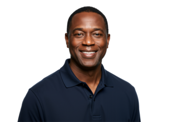 Portrait of a Smiling Middle-Aged African American Man in a Navy Blue Polo Shirt Against a Black Background, Radiating Confidence and Warmth