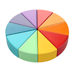 Obraz premium Colorful wooden toy pie chart with ten different colored slices, isolated on a transparent background.