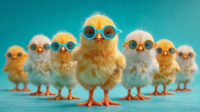 A group of cute yellow chicks wearing colorful sunglasses stands confidently against a turquoise background.