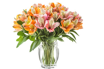 Fototapeta premium Alstroemeria Bouquet in Glass Vase on Transparent Background
