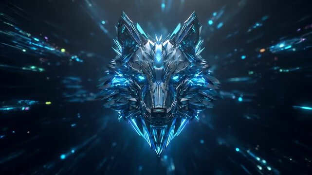 Abstract digital illustration of a crystallized wolf head in blue and dark hues