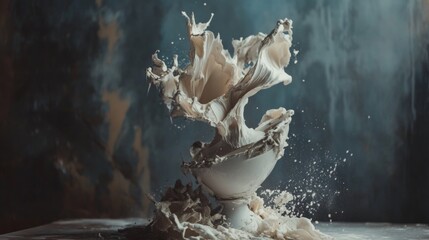 Splashing white milk with porcelain teacup for drink dynamic dairy splash motion freeze minimal background ceramic