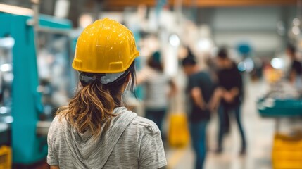 Female Factory worker wearing a safety helmet in the background of a production line