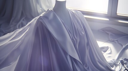 Elegant garment on mannequin bathed in soft light showcasing flowing fabric