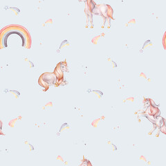 Seamless watercolor pattern with Unicorn and multicolored stars. Hand drawn Illustrations of background for nursery wallpaper, baby textiles or children paper. Pastel colors pony with rainbow