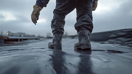Person in Waterproof Gear Walking on Wet Surface