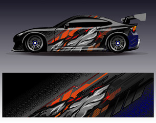 Fototapeta premium Car wrap design vector. Graphic abstract stripe racing background designs for vehicle, rally, race, adventure and car racing livery
