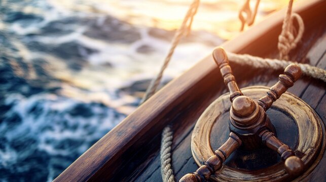 Vintage boat helm with ropes in sea voyage theme for nautical adventure exploration water travel sailing