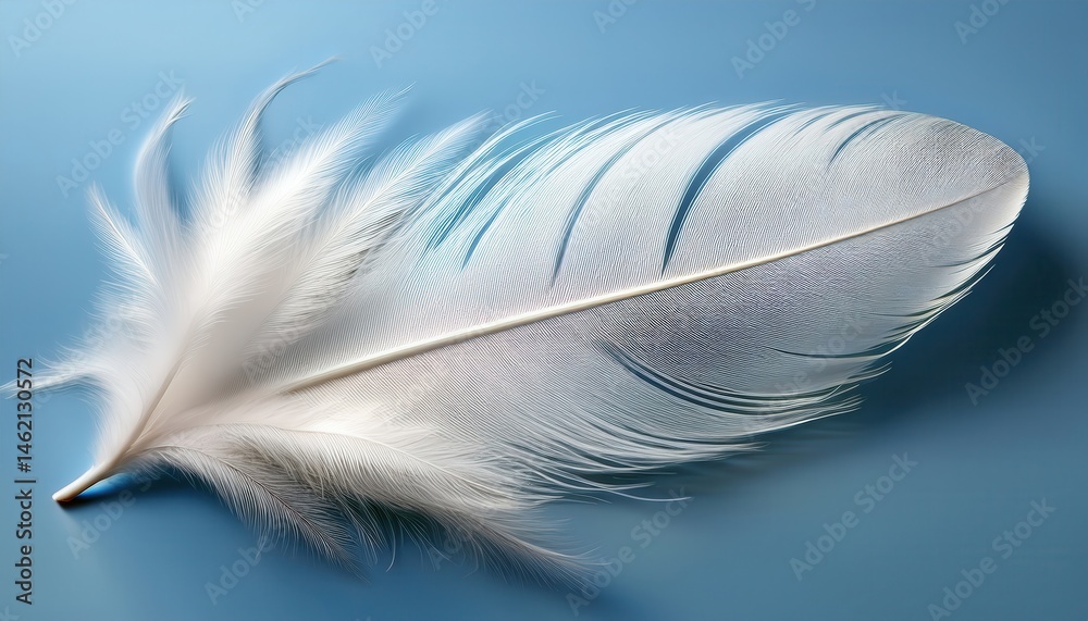 Poster delicate white feather on blue background for minimalist web design, spring branding, print material