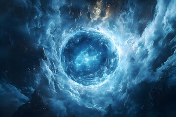 Cosmic sphere encircled by swirling, ethereal clouds.
