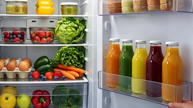 Refrigerator filled with healthy food fresh produce juices fruits vegetables eggs clean eating organized fridge