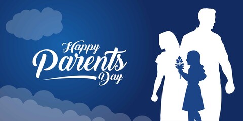 Happy Parents Day Family Silhouette with Child Giving Flowers – Holiday Celebration Illustration