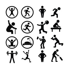 Exercises Silhouette Vector Icon Set – Fitness, Workout & Gym Icons for Digital & Print Use, exercise icons, workout silhouette vector, gym icon set, fitness vector icons, yoga pose icons, gym silhoue