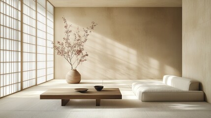 Fototapeta premium Minimalist Japanese-inspired living space bathed in natural light