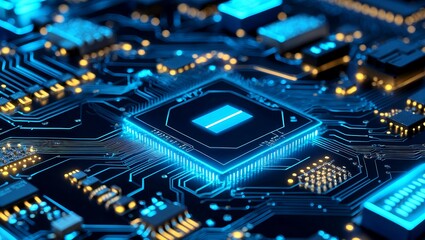 Close up of glowing circuit board under blue light