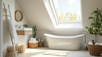 Bright Attic Bathroom A modern style with a tub, skylight, plants for relaxation
