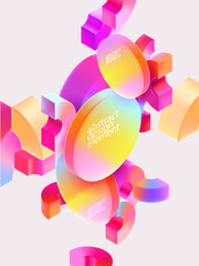 Geometric poster template of Multicolored 3D circles. Glass iridescent geometric shape.