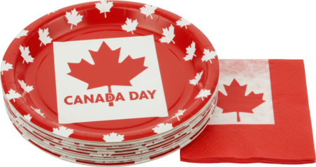 Canada Day Party Supplies Stack of Red Paper Plates Napkins with Maple Leaf Design