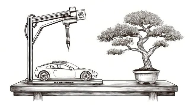 3D Printing Miniature Car on Workbench with Bonsai