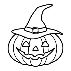 Cute Halloween Line Art Pumpkin with Witch Hat Cartoon Illustration on White Background, Halloween Line Art, Cartoon Pumpkin Drawing, Witch Hat Sketch, Spooky Pumpkin Outline