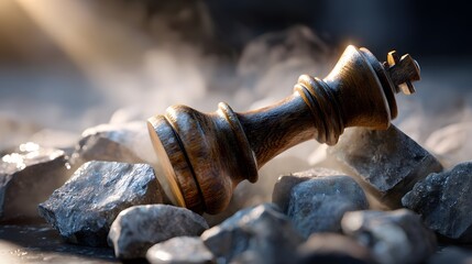 Defeated King: Chess Piece Fallen Amongst the Rocks in the Mist