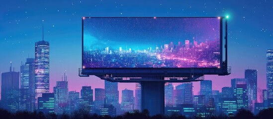 Cityscape billboard at night showing a vibrant city skyline.