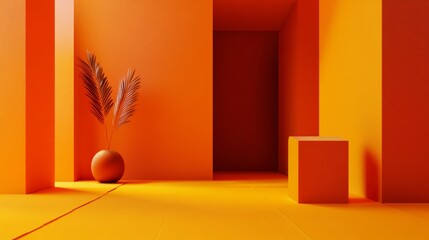 Monochromatic orange abstract interior with shadows and cube forms for bold minimal modern creative concept