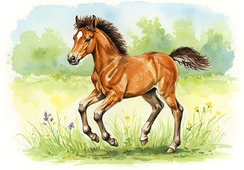 Obraz premium Little Hooves: A Playful Watercolor Portrait of a Young Horse