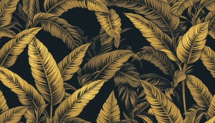 Tropical exotic seamless pattern. Grunge golden banana leaves, palm. Hand-drawn dark vintage 3D illustration. Nature abstract background design. Good for luxury wallpapers, cloth, fabric printing.