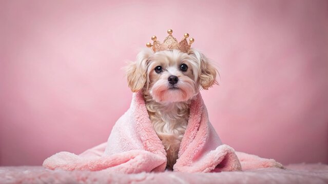 Cute Dog in Pink Blanket and Crown: Royal Puppy Tilt-Shift Photo