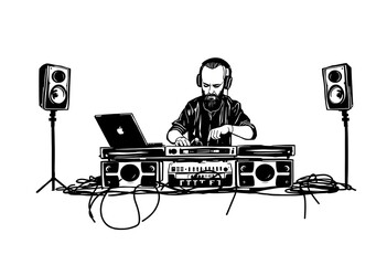 Hand-drawn illustration of DJ artist in Psychedelic Vibes – Vibrant Music Festival Wallpaper for Music Lovers