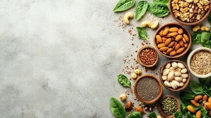 Healthy snack assortment, nuts, seeds, and greens