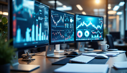 Naklejka premium Multi-Monitor Setup with Financial Charts and Graphs in an Office