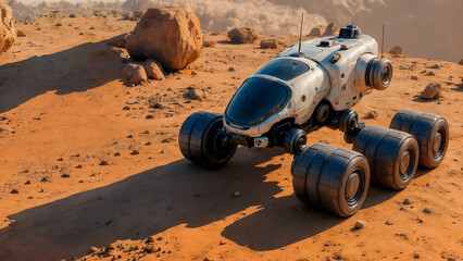 Autonomous rover traverses red dusty terrain, rover sensors scanning rocky outcrops for scientific insights. It crosses red surface of Mars conducting soil analysis from surface for advanced research