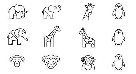 Fototapeta premium Animal Icons Elephant, Giraffe, Penguin, Monkey
