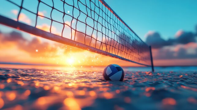 Beach volleyball net at sunset over water. Ball submerged - Powered by Adobe