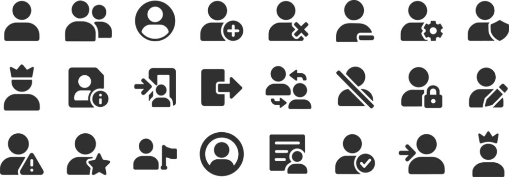 User account glyph icon set. Vector pictograms of profile avatar, login, admin, guest, list, details, info, secure, identity, access, manage, contact, black sign silhouette illustration.