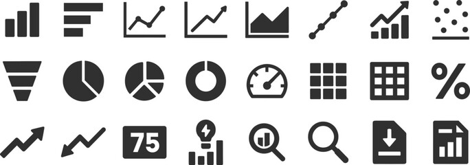 Analytics dashboard glyph icon set. Vector pictograms of percent, growth graph, decline, trend, arrow, filter, segmentation, magnify, analysis, document, black sign silhouette illustration.