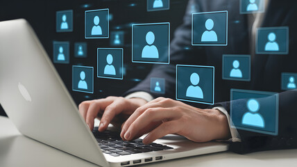 Businessman Working on Laptop with Digital User Profiles and Social Network Concept Illustrating Virtual Collaboration, Teamwork, and Business Connections