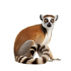 A ring-tailed lemur sits alertly, showcasing its distinctive striped tail and bright eyes