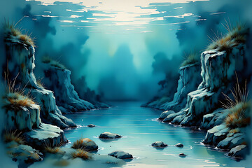 A painting of a river with a rocky shoreline