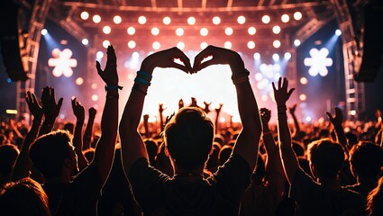 Crowd silhouettes raising hands at summer concert
