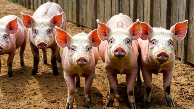 Group of small pink pigs standing by a rural wooden fence. Livestock on farm video clip. Agricultural concept, domestic animal scene for veterinary or butcher shop ad.