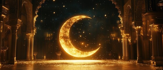 Obraz premium Golden crescent moon in grand hall.