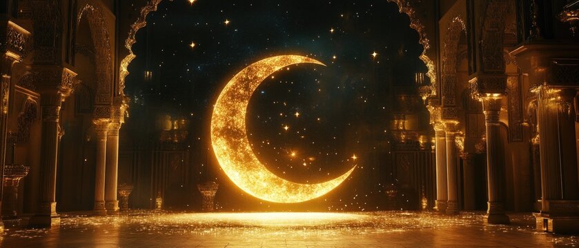 Golden crescent moon in grand hall.
