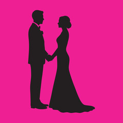 vector illustration of bride and groom silhouettes holding hands at a wedding ceremony