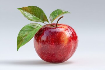 A single, ripe red apple with vibrant green leaves sits on a simple white background.